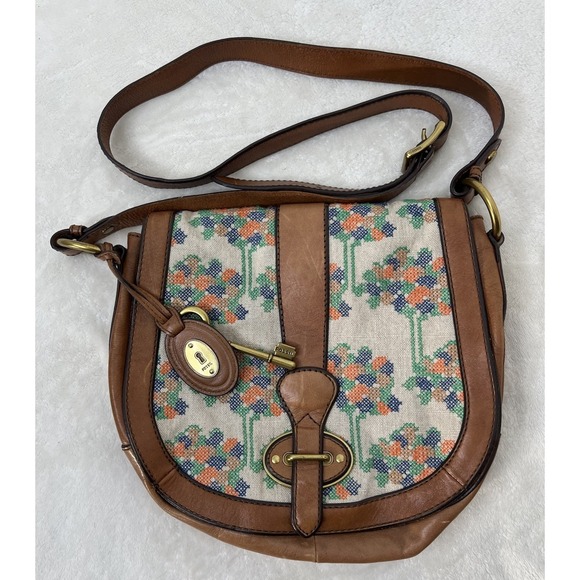 Fossil Handbags - Vintage Fossil Brown Leather Canvas Single Stitch Saddle Bag Shoulder Bag EUC